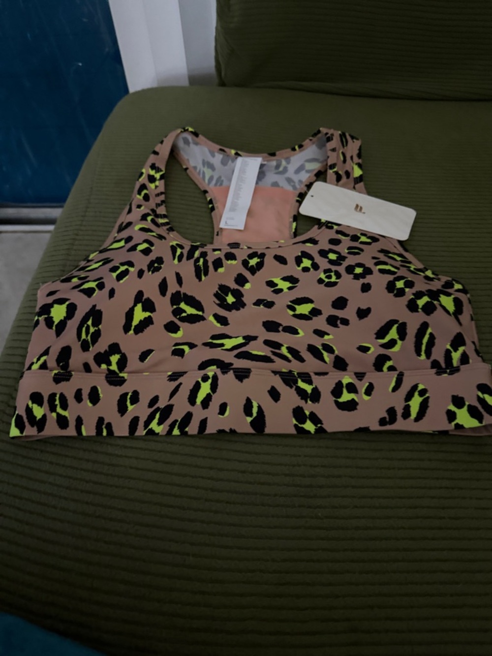 Fabletics Pink Leopard-Print Racerback Sports Bra with Neon Green Accents